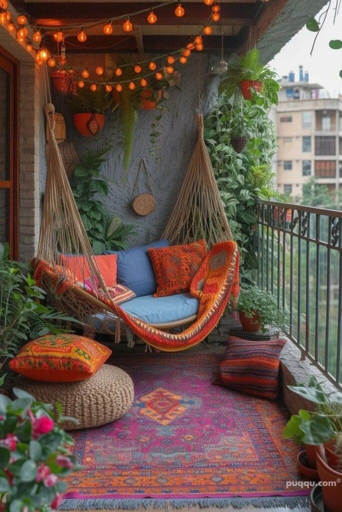 A macrame hammock chair with a light blue cushion and colorful patterned throw pillows and a blanket hangs invitingly. Below the hammock, a round woven pouf is topped with a matching patterned cushion. A brightly colored rug with intricate designs in shades of pink, orange, and blue covers the balcony floor. The balcony walls and railing are adorned with lush green plants in hanging pots and climbing vines, creating a natural and enclosed feel. Warm-toned string lights with orange bulbs are strung across the ceiling and along the walls, adding a magical and festive ambiance. In the background, multi-story apartment buildings are visible under a slightly overcast sky.