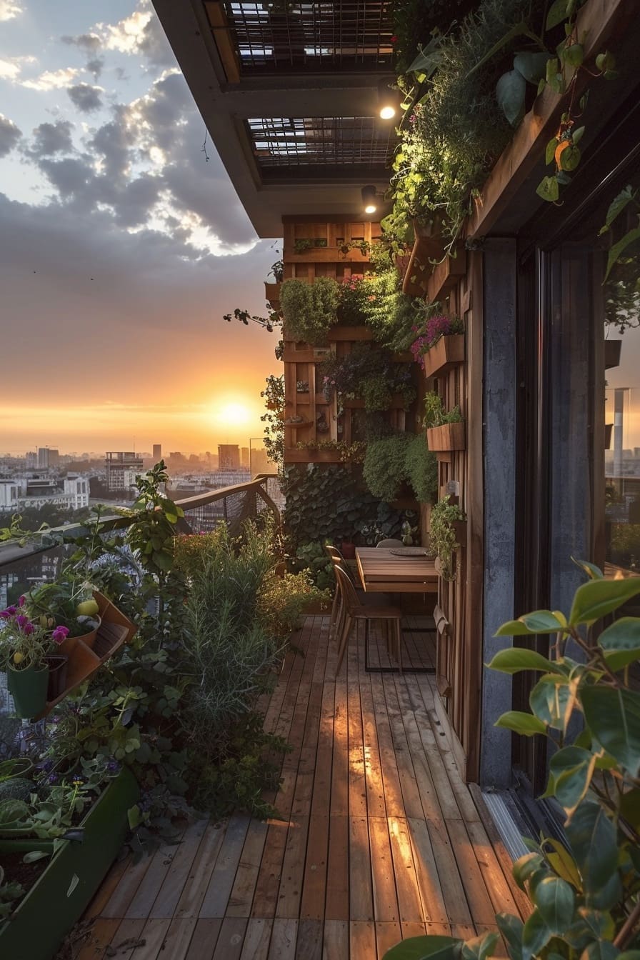 A stunning rooftop balcony at sunset, transformed into a lush vertical garden. Wooden decking covers the floor, reflecting the warm glow of the setting sun. The walls are covered with various plants in wooden planters, creating a vibrant green space. String lights are subtly integrated among the foliage, adding a magical ambiance. A small wooden dining table and chairs are visible towards the back of the balcony. The railing offers a breathtaking panoramic view of a sprawling cityscape silhouetted against a dramatic sky filled with oranges, pinks, and purples. The overall scene is a tranquil and beautiful urban oasis.