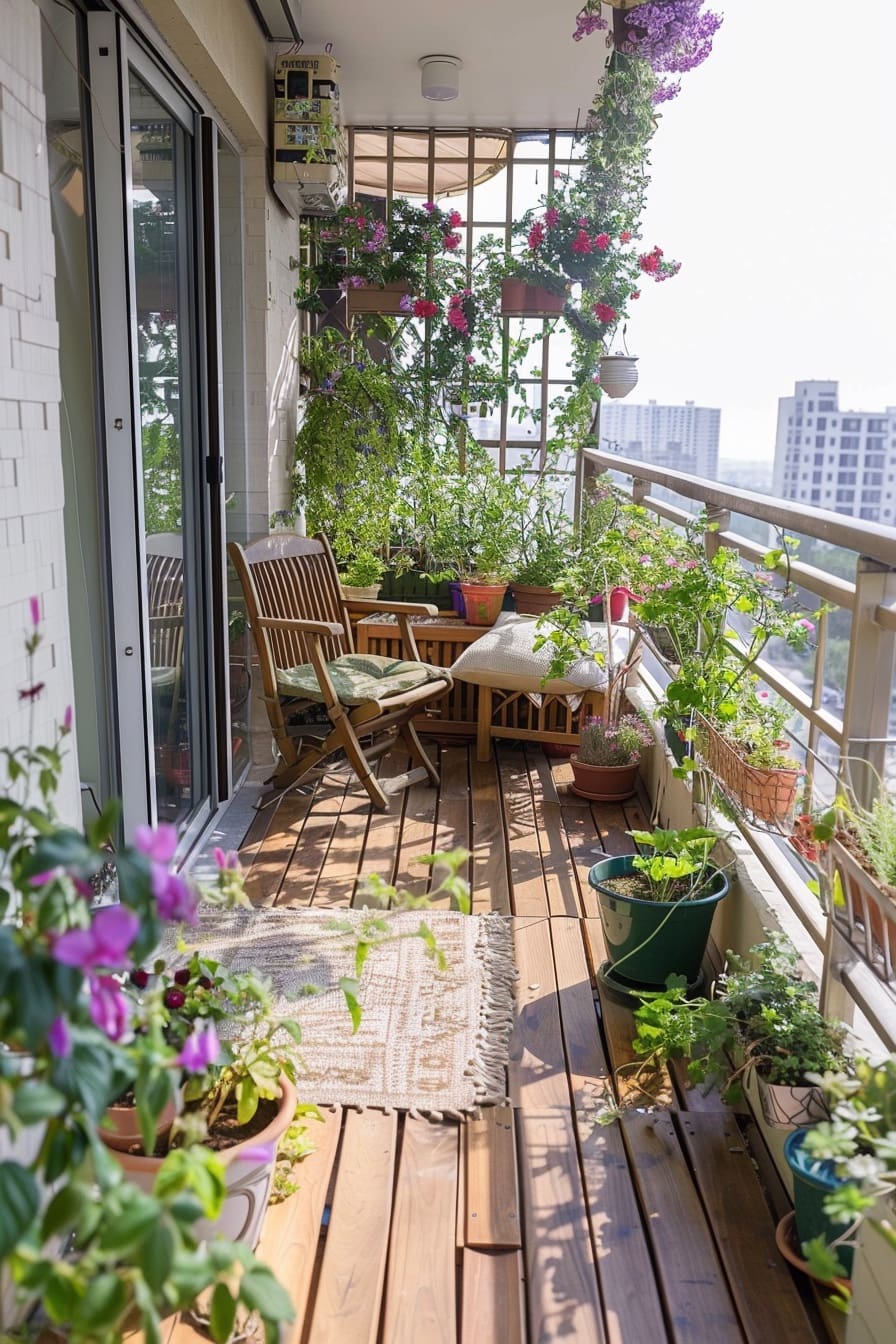 A narrow but charming balcony in an urban setting, overflowing with plants and flowers. The floor is covered with wooden planks. A wooden rocking chair with a green cushion and a small wooden bench with a light-colored cushion create a cozy seating area. The balcony railing and walls are adorned with a variety of potted plants, including vibrant pink bougainvillea cascading from above, red roses climbing a trellis, and various leafy green plants in terracotta and other containers. A small patterned rug lies on the floor. In the blurred background, tall apartment buildings rise against a bright sky. The overall atmosphere is a peaceful and green retreat in a city environment.