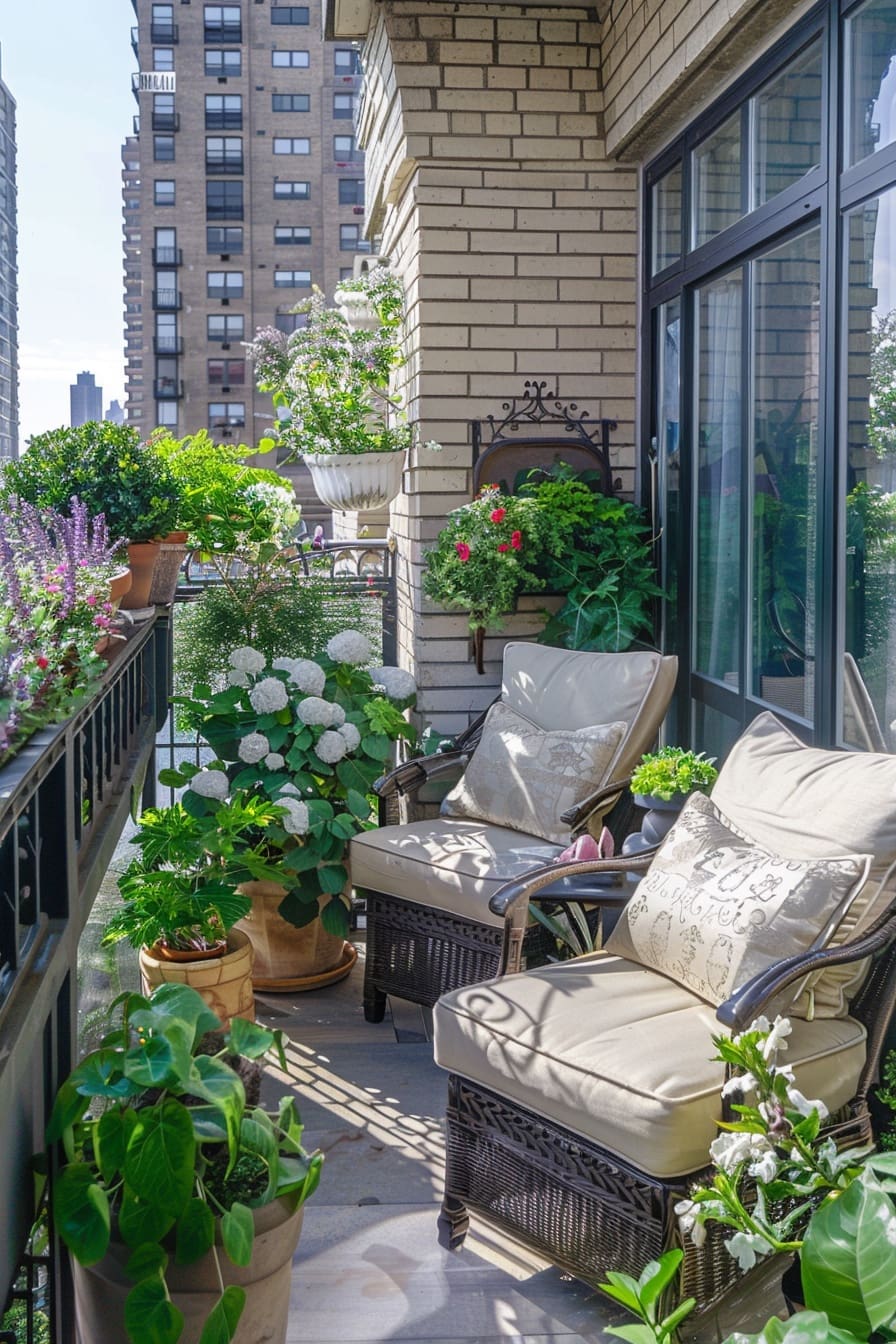 A cozy urban balcony overflowing with a variety of potted plants and flowers. Two wicker armchairs with light-colored cushions and decorative pillows face outward, inviting relaxation. The balcony railing is lined with numerous plants in terracotta and other containers, including purple salvia, lush greenery, and large white hydrangea blossoms. A brick wall forms part of the balcony structure, with a decorative metal plant holder featuring red and green foliage mounted on it. Sunlight casts shadows across the gray tiled floor. In the background, tall apartment buildings rise against a bright sky, indicating a city setting. The overall impression is a tranquil and green oasis carved out in an urban environment.