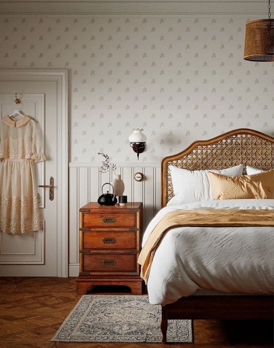 A cozy and traditionally styled bedroom featuring a bed with a woven rattan headboard and white and mustard-colored bedding. A wooden bedside table with three drawers sits to the left of the bed, topped with a black teapot, a white vase with dried flowers, and a small stack of books. A vintage-style wall lamp with a white shade and brass accents is mounted on the wall above the nightstand. The walls are covered in a subtle patterned wallpaper above white wainscoting with vertical panels. A light-colored dress hangs on a hook on a white door on the left side of the image. A woven pendant light fixture hangs from the ceiling. A patterned rug in muted tones lies on the wooden parquet floor. The overall atmosphere is warm, inviting, and slightly rustic.