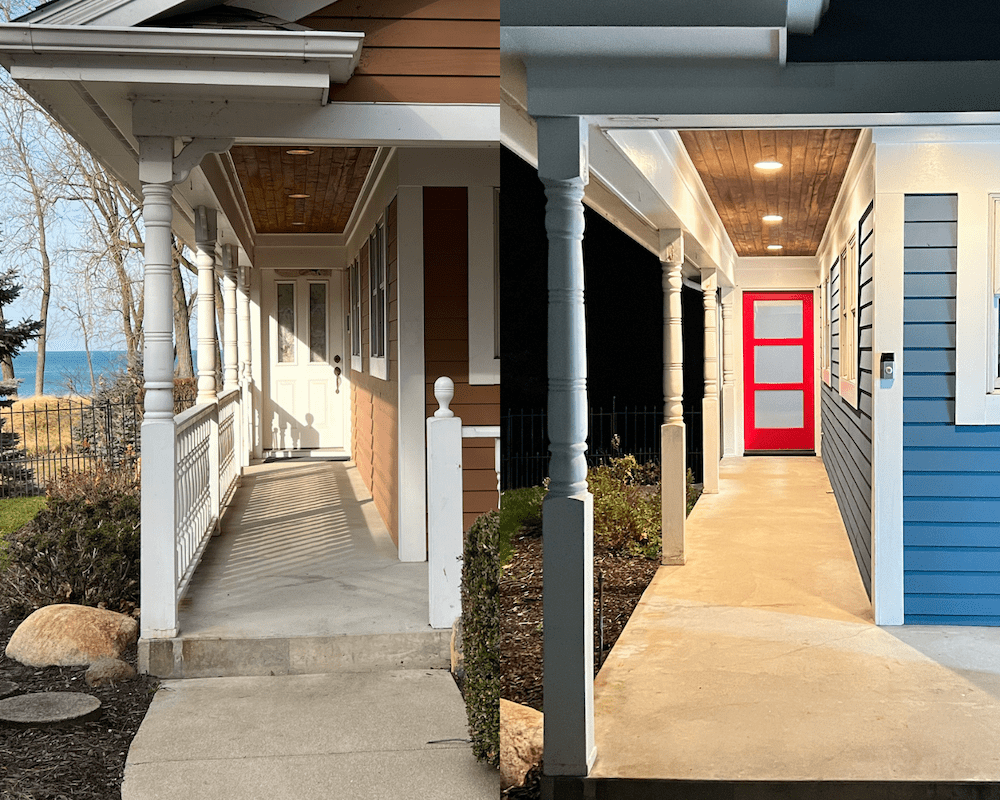 Vacation home interior design transformation showing a dramatic before and after of a lakefront cottage entry—updated with modern navy siding, bold red door, and refreshed lighting for major curb appeal.