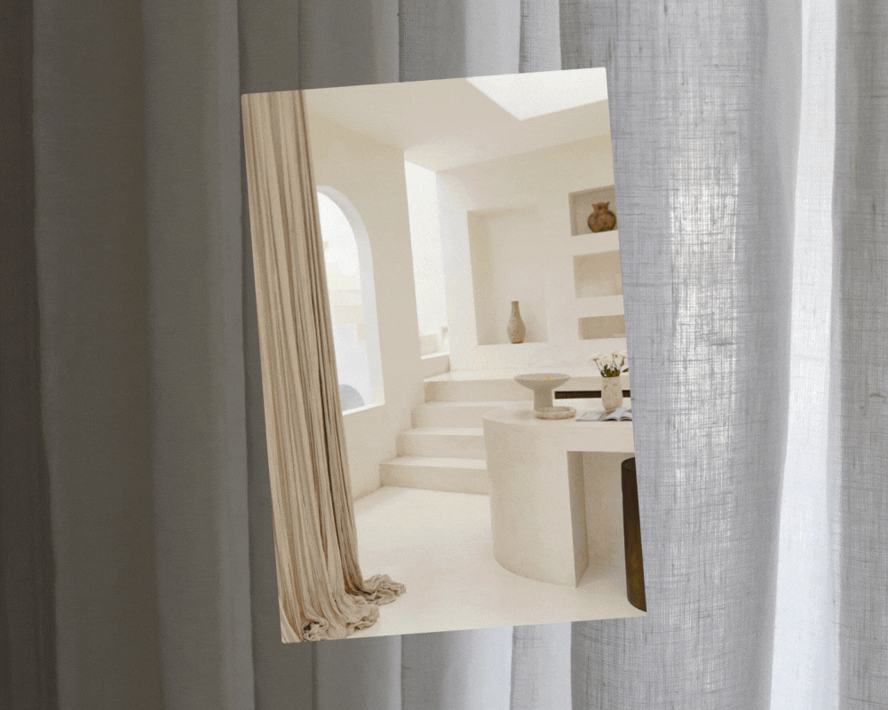 A GIF flipping through minimalist neutral interiors with beige walls, soft drapery, and sculptural architectural details, illustrating how ‘safe’ neutral design can appear trendy rather than timeless.
